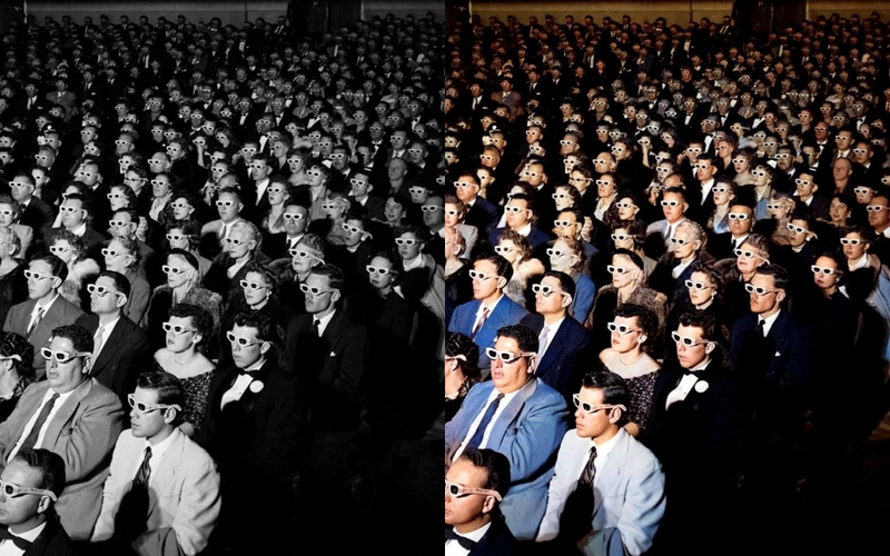 Primera película 3D (1952) / a la derecha, la versión coloreada por Colourise.sg